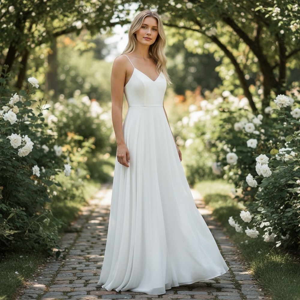 Mikaella Bridal White V-Neck Strap A-Line Wedding Dress Gown Size 4 minimalist